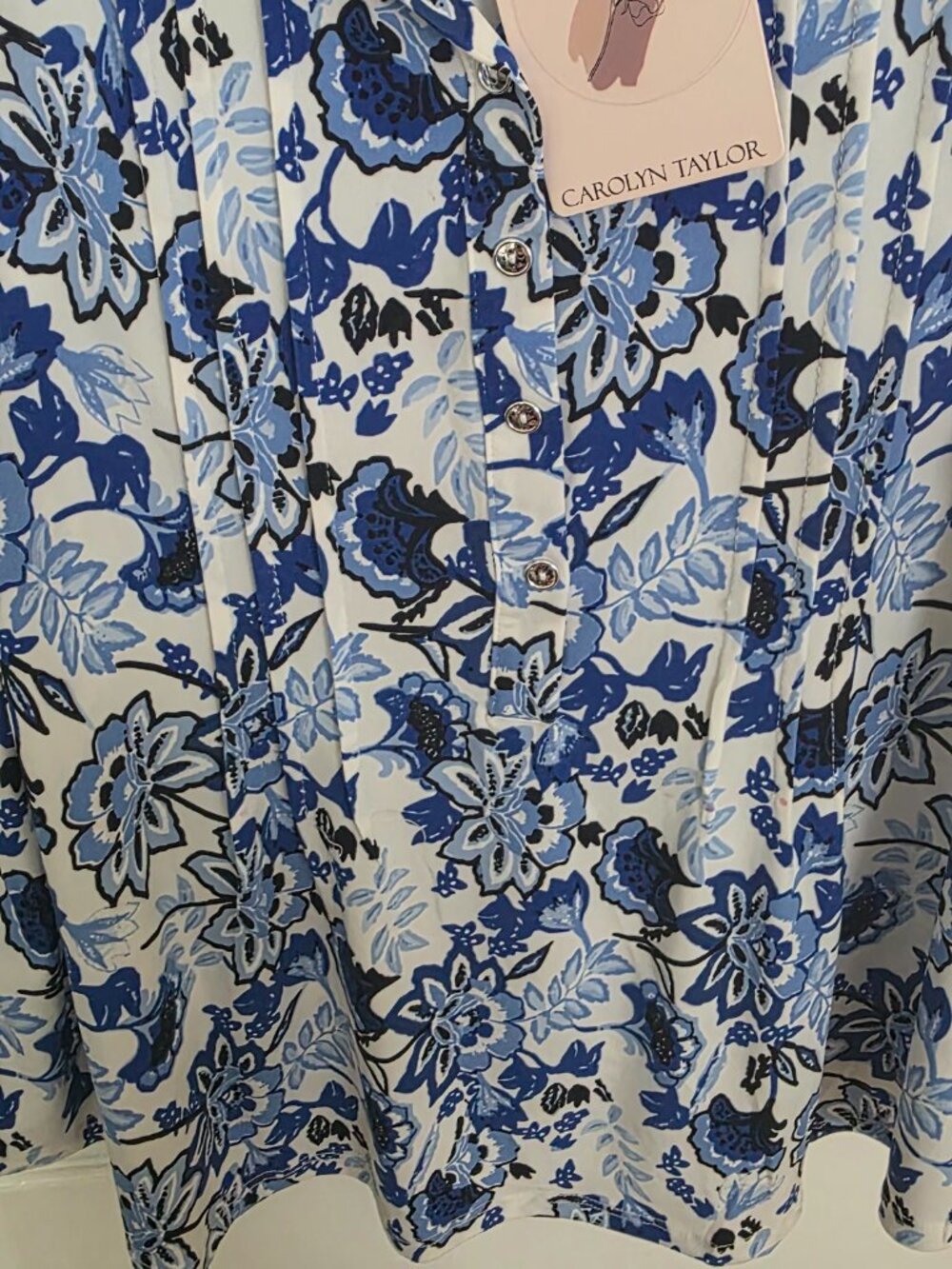 Carolyn Taylor floral flower blue white black Print Stretch Shirt Blouse 1x - Picture 8 of 13